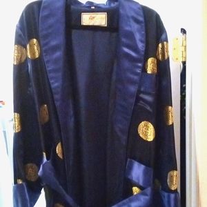 Satin smoking jacket, vintage ,size 46 ,embroidered. blue with gold